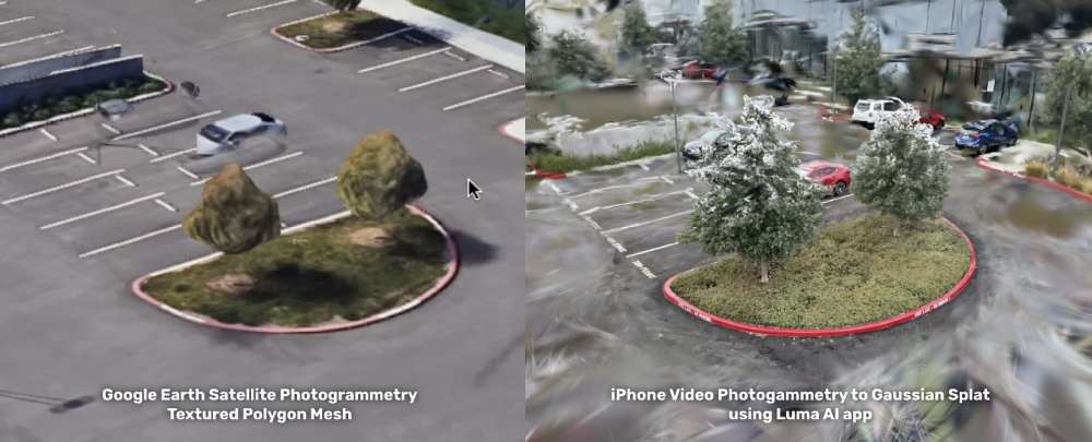 Side by side picture of the same apple tree showing 3d mesh vs. gaussian splat photogrammetry techniques