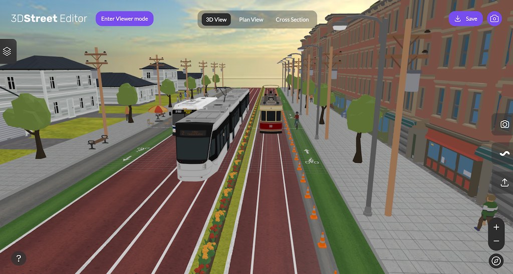 Screenshot of 3DStreet editor with 3D perspective camera view selected.