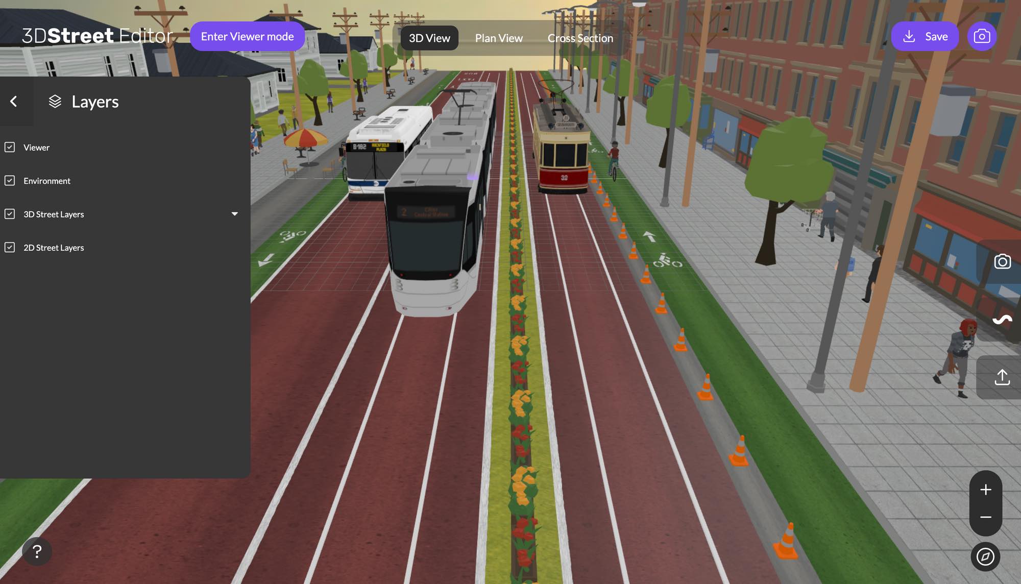 Screenshot of the 3DStreet Editor application with user interface elements for modifying a street scene.