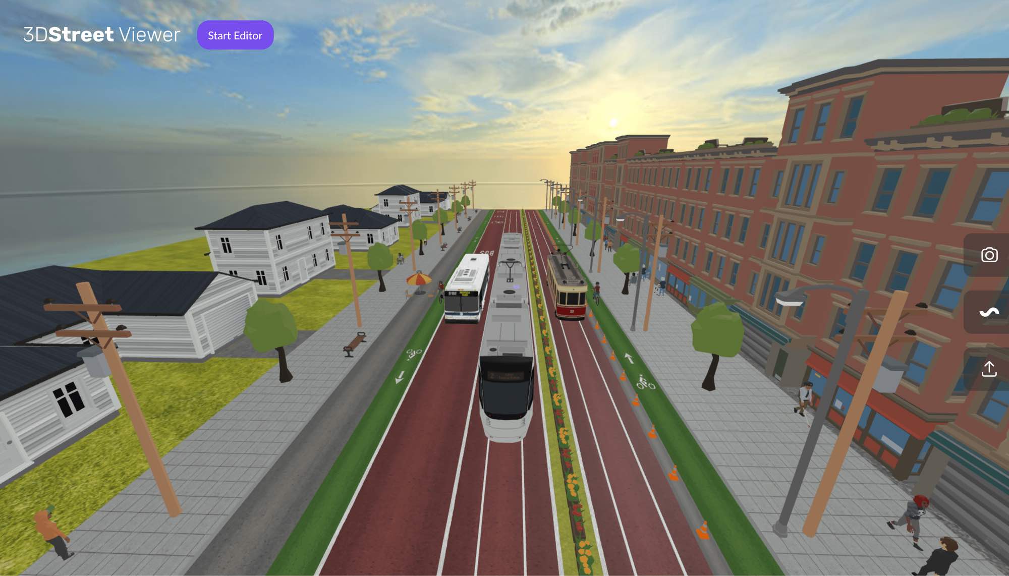 Screenshot of the 3DStreet Viewer application displaying a street scene with multi-modal transit vehicles, cycle tracks, and pedestrians on sidewalks in urban setting.