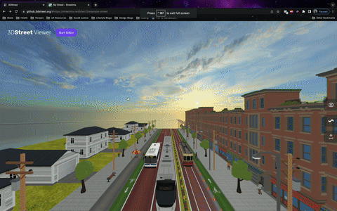 Animated gif screenshot of a user loading a Streetmix street from 3DStreet Editor