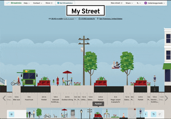 Animated gif screenshot of dragging and dropping a toolbar item into a Streetmix street